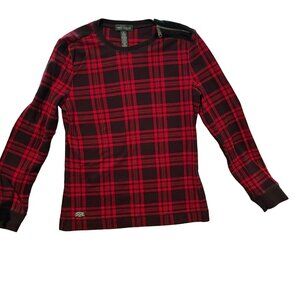 Ralph Lauren Womens Med Red Plaid Sweater Black Accent Patches & Shoulder Zipper